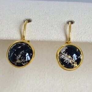 Elegant Hand Crafted Boho Black Gold Gemstone Marble Circle Drop Dangle Earrings